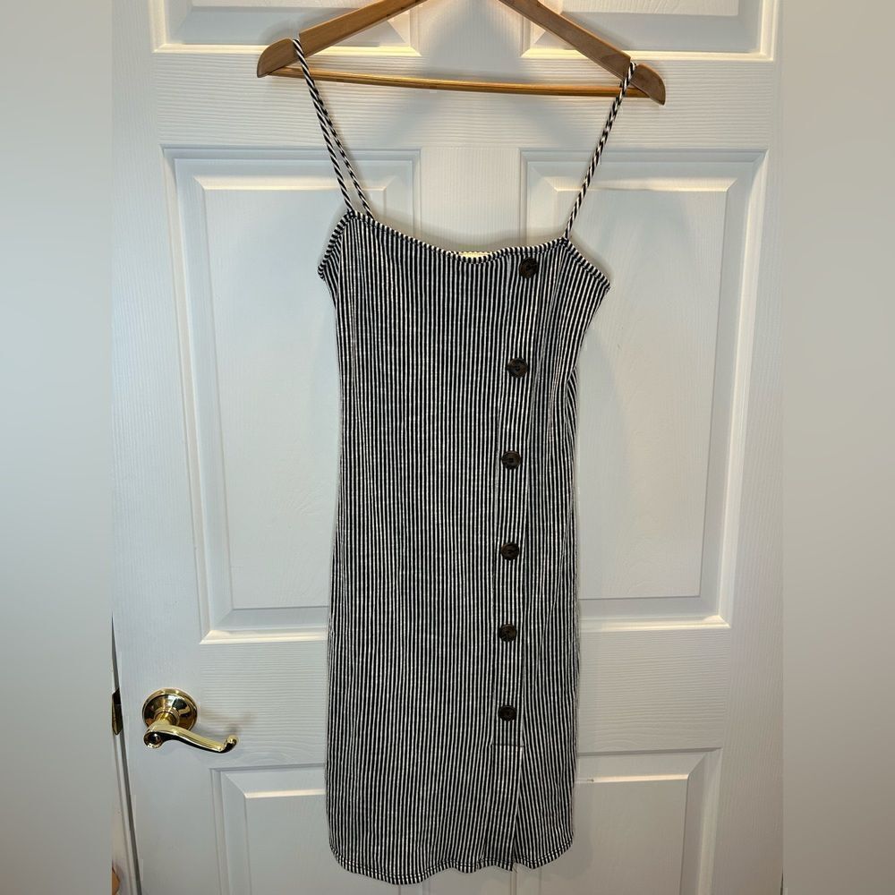 Caution to the Wind Mini Dress Women's Size Medium Black White Striped Button